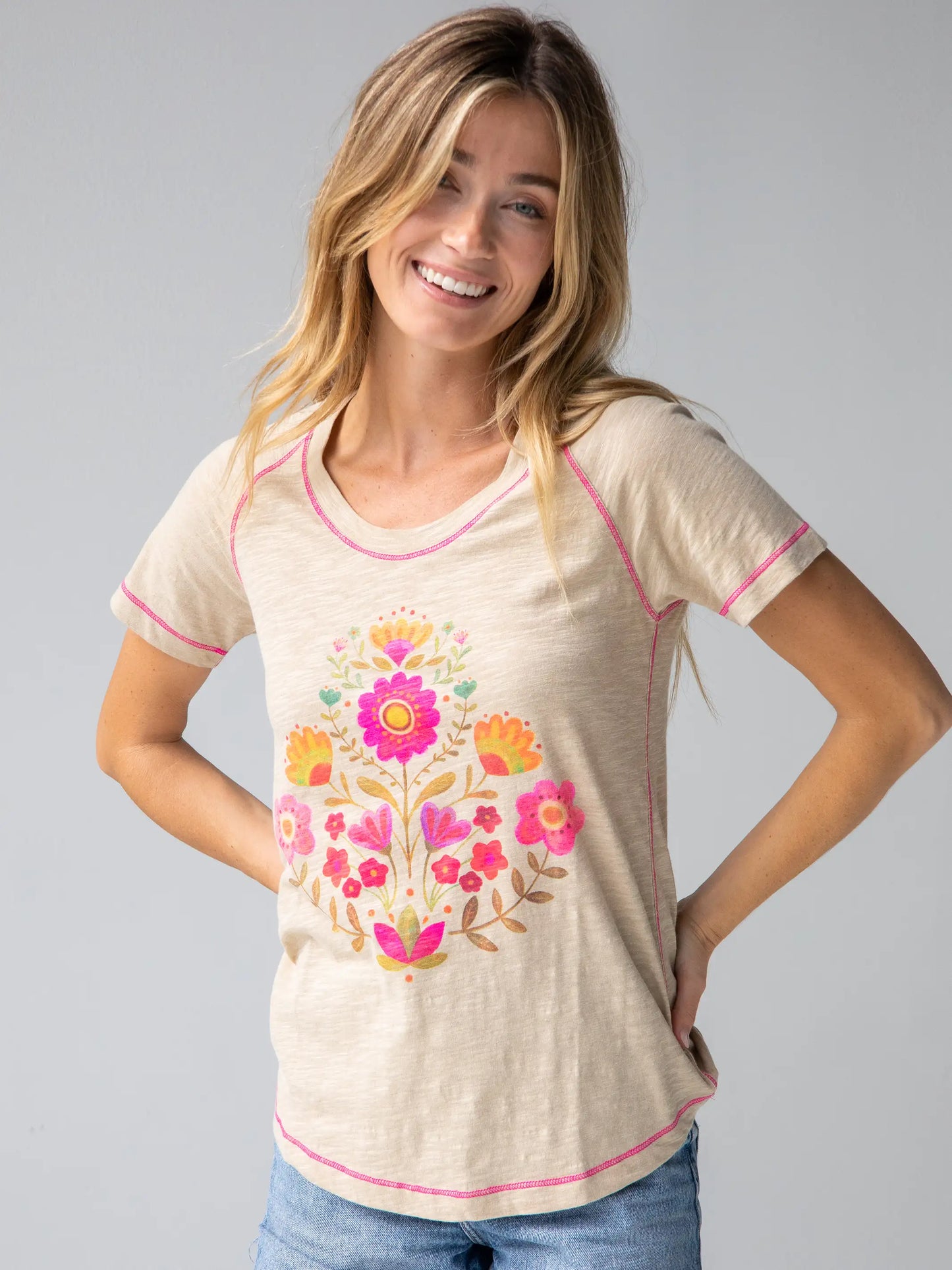 Natural Life brand tee shirt. Cream colored. Boho style folk flower ladies short sleeve top