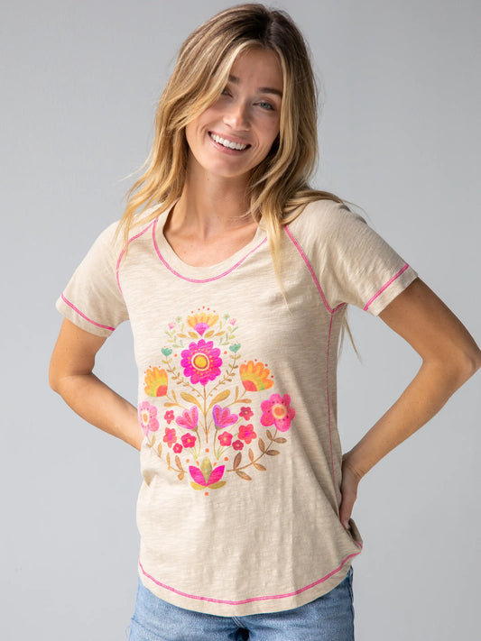 Natural Life brand tee shirt. Cream colored. Boho style folk flower ladies short sleeve top