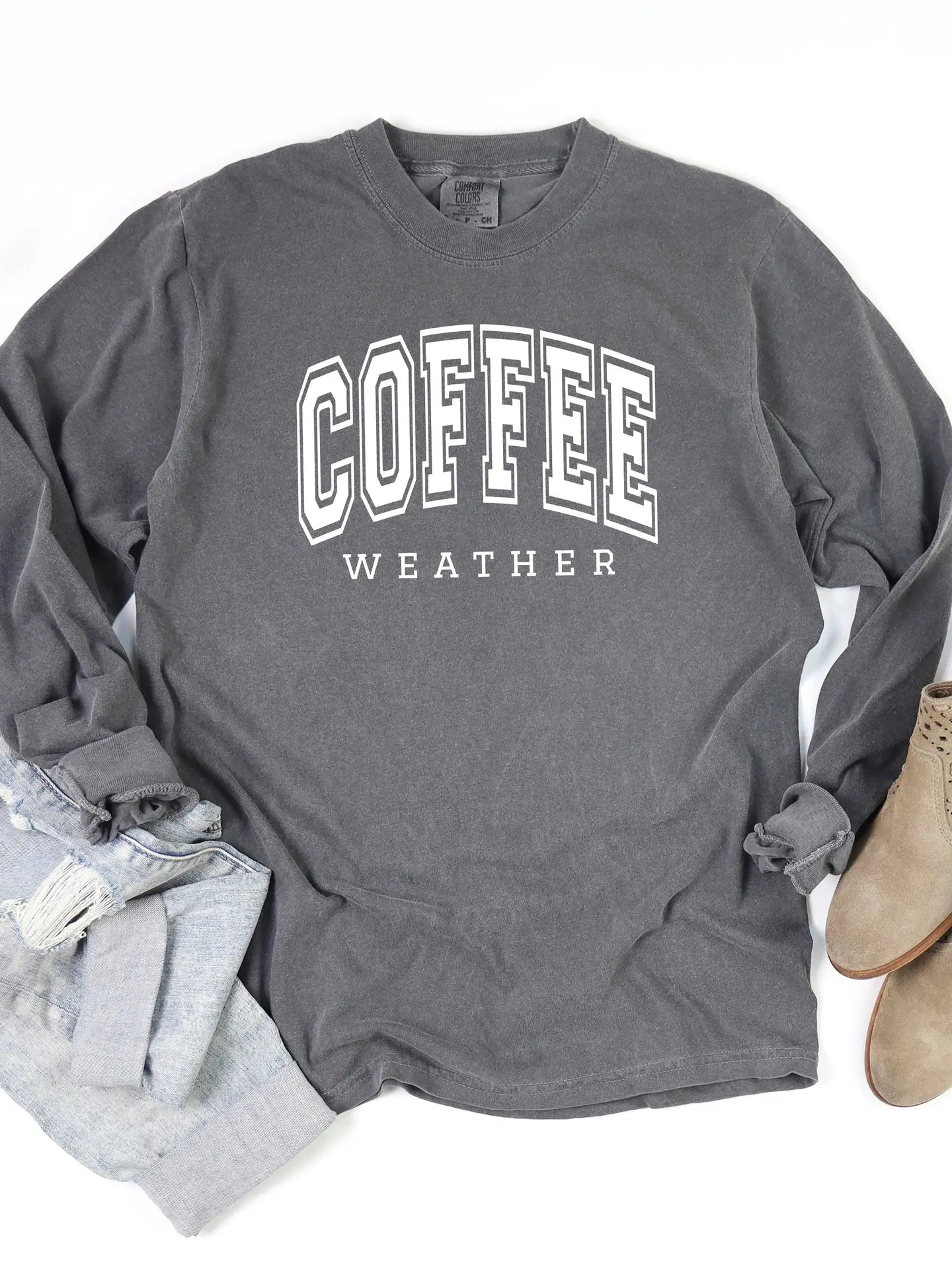 Coffee weather long sleeve tee shirt by Comfort colors. Grey with white letterss