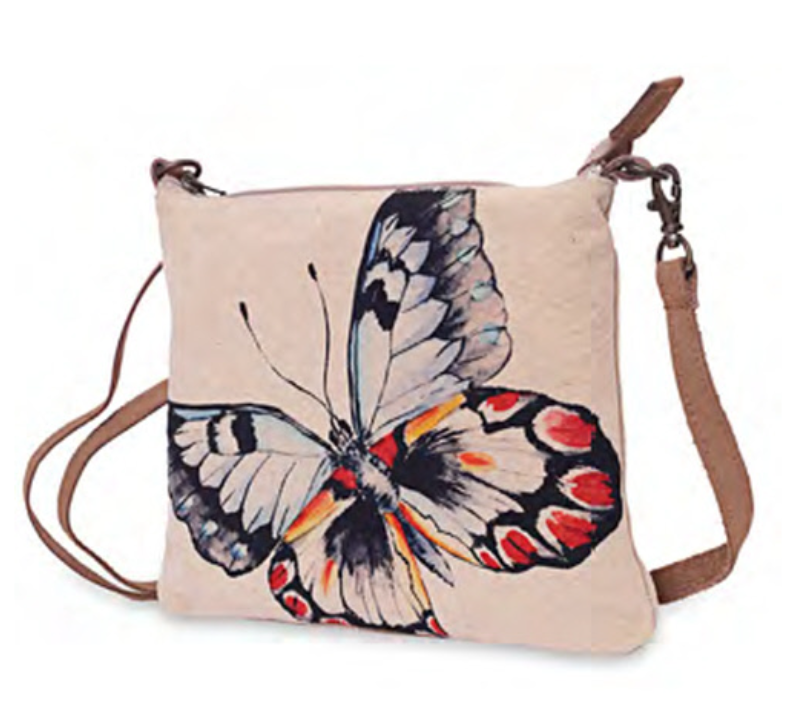 Butterfly sling canvas bag with long removable strap. Leather trim, zipper and pockets