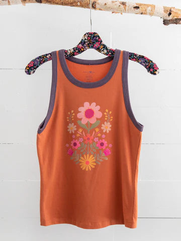 Natural Life brand tee shirt rust color with folk flower designs.