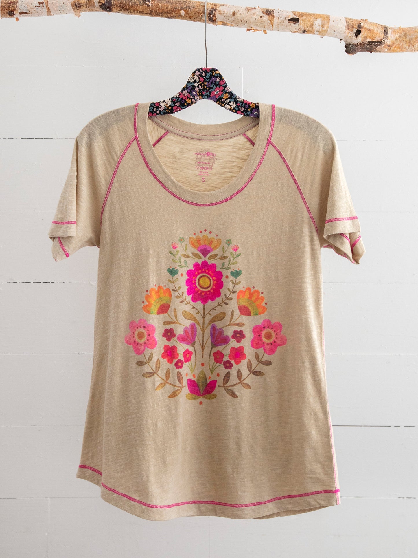 Natural Life brand tee shirt. Cream colored. Boho style folk flower ladies short sleeve top