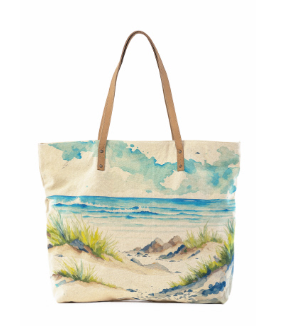 Quality cotton canvas tote bag with sand, ocean and beach scene  Leather trim, zipper and pockets Large weekender purse