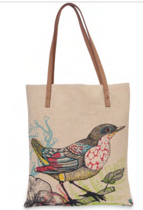 Bookbag with bird on a limb. Cotton canvas tote with art scene on one side. Leather trim, zipper and pockets Large weekender purse (Copy)