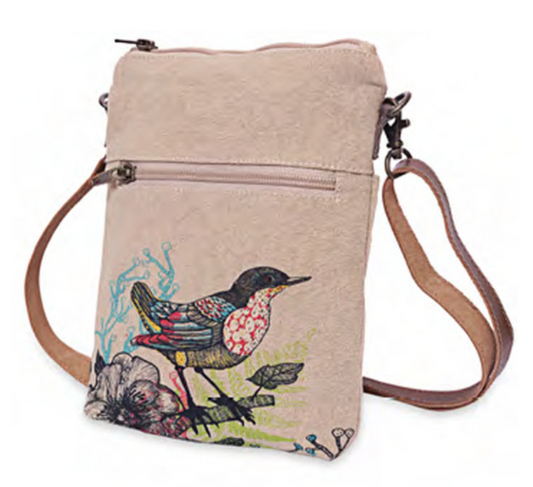 Bird on limb Canvas bag for cell phone. Crossbody phone case with leather strap. Cotton canvas art work zippers and open pockets for large phones