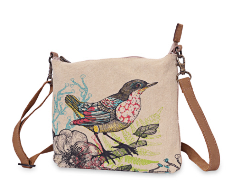 Quality cotton canvas bag with bird design. long removable strap. Leather trim, zipper and pockets