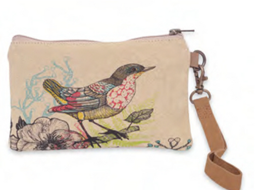 Wristlet with leather straps, zipper and bird on Cotton Canvas. Lined wallet with bird artwork on one side.