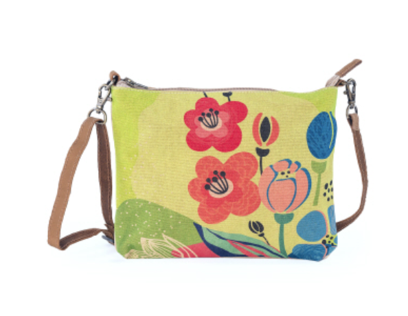 Floral sling canvas bag with long removable strap. Leather trim, zipper and pockets.  Yellow blue flowers full color on one side
