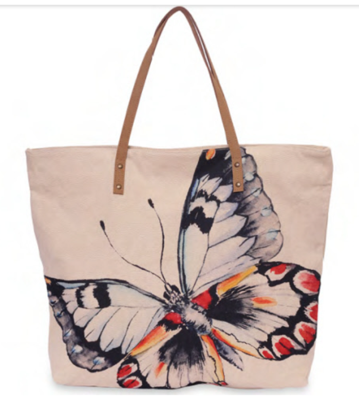 Quality cotton canvas tote bag with butterfly Leather trim, zipper and pockets Large weekender purse