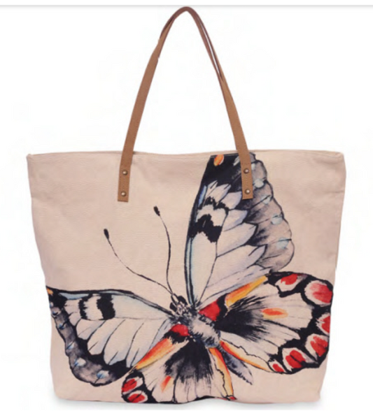 Quality cotton canvas tote bag with butterfly Leather trim, zipper and pockets Large weekender purse