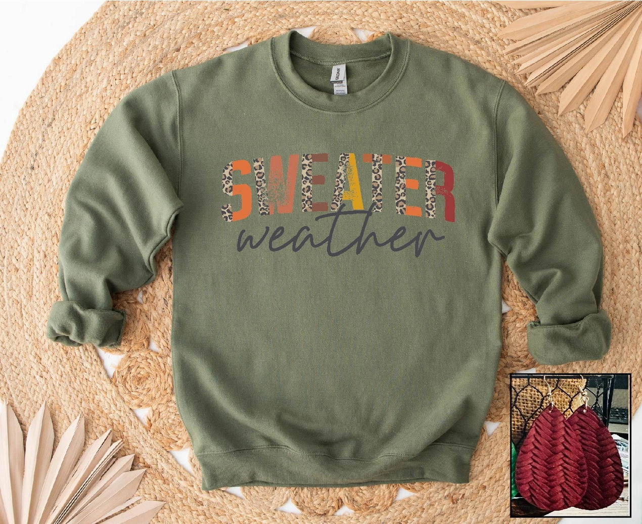 Sweater weather sweatshirt Gildan brand green with animal print letters