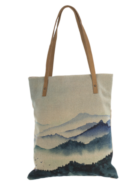 Mountain range cotton canvas tote bag or bookbag with art scene on one side. Leather trim, zipper and pockets Large weekender purse