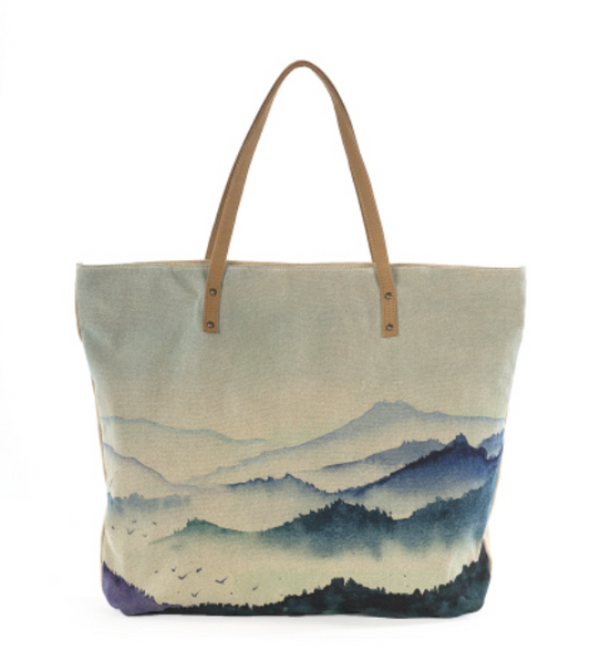 Quality cotton canvas tote bag with mountains like the Appalachina and Smokies.  Leather trim, zipper and pockets Large weekender purse