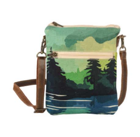 Lake and pine trees printed on  sling bag purse with leather strap for cell phone Cotton canvas art work zippers and open pockets for large phone