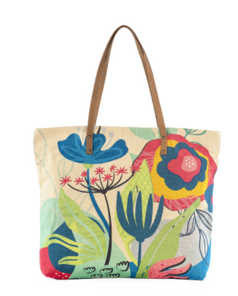 Quality cotton canvas tote bag with summer flowers and colorful artwork on one side. Leather trim, zipper and pockets Large weekender purse