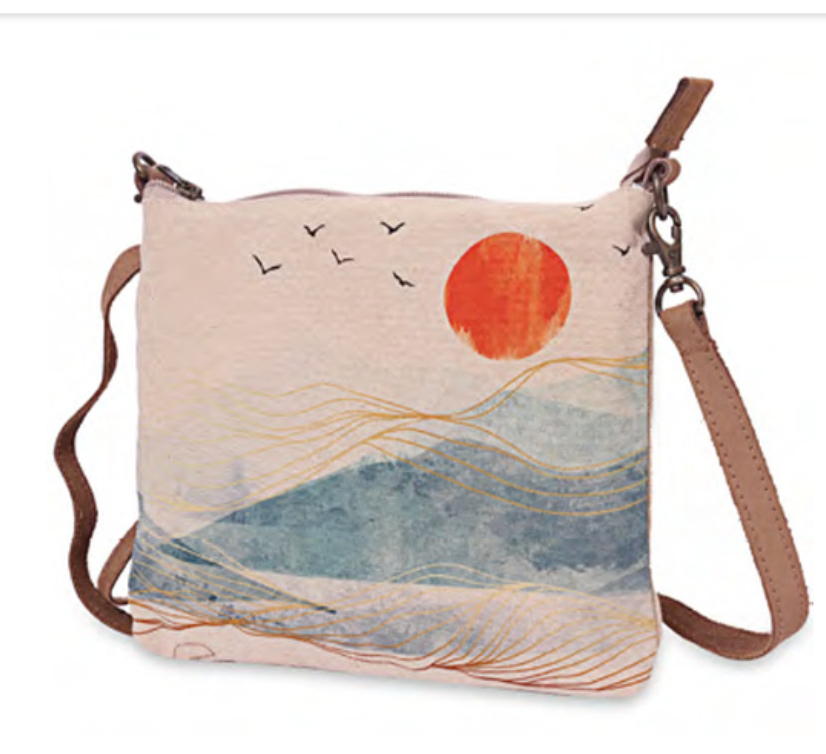 Ocean sling canvas bag with long removable strap. Leather trim, zipper and pockets Sunshine and waves