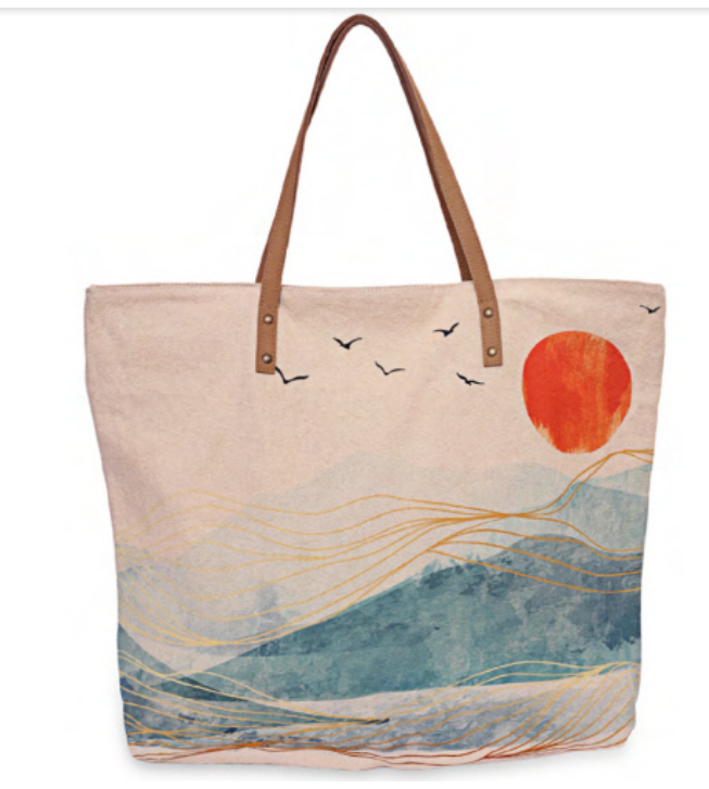 Quality cotton canvas tote bag with beach and wave scene on one side. Leather trim, zipper and pockets Large weekender purse