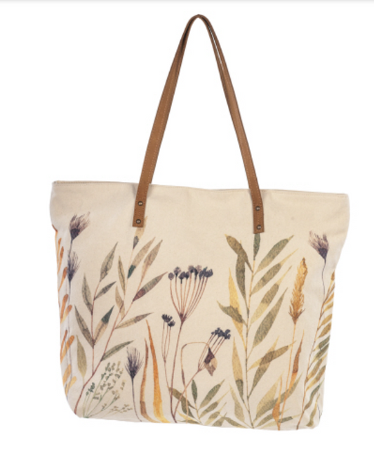 Large weekend tote bag with wildflowers. Quality cotton canvas tote  Leather trim, zipper and pockets.  Tote or duffle bag