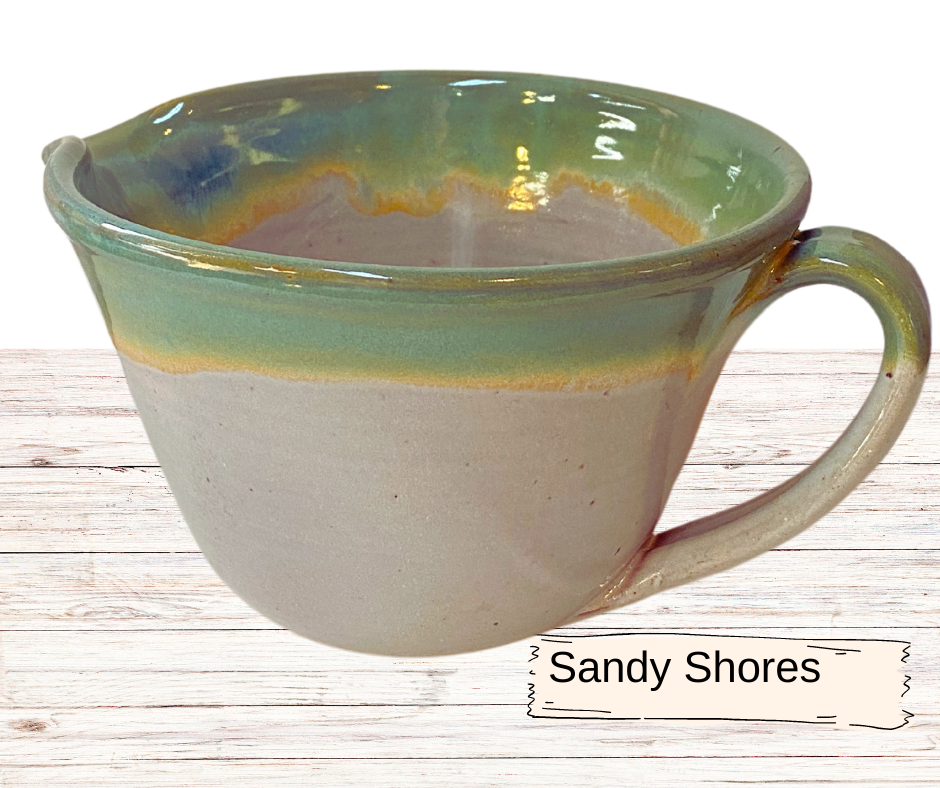 Large batter, mixing bowl, with handle.  Pancake bowl handmade pottery. Ceramic large bowl with pour spout